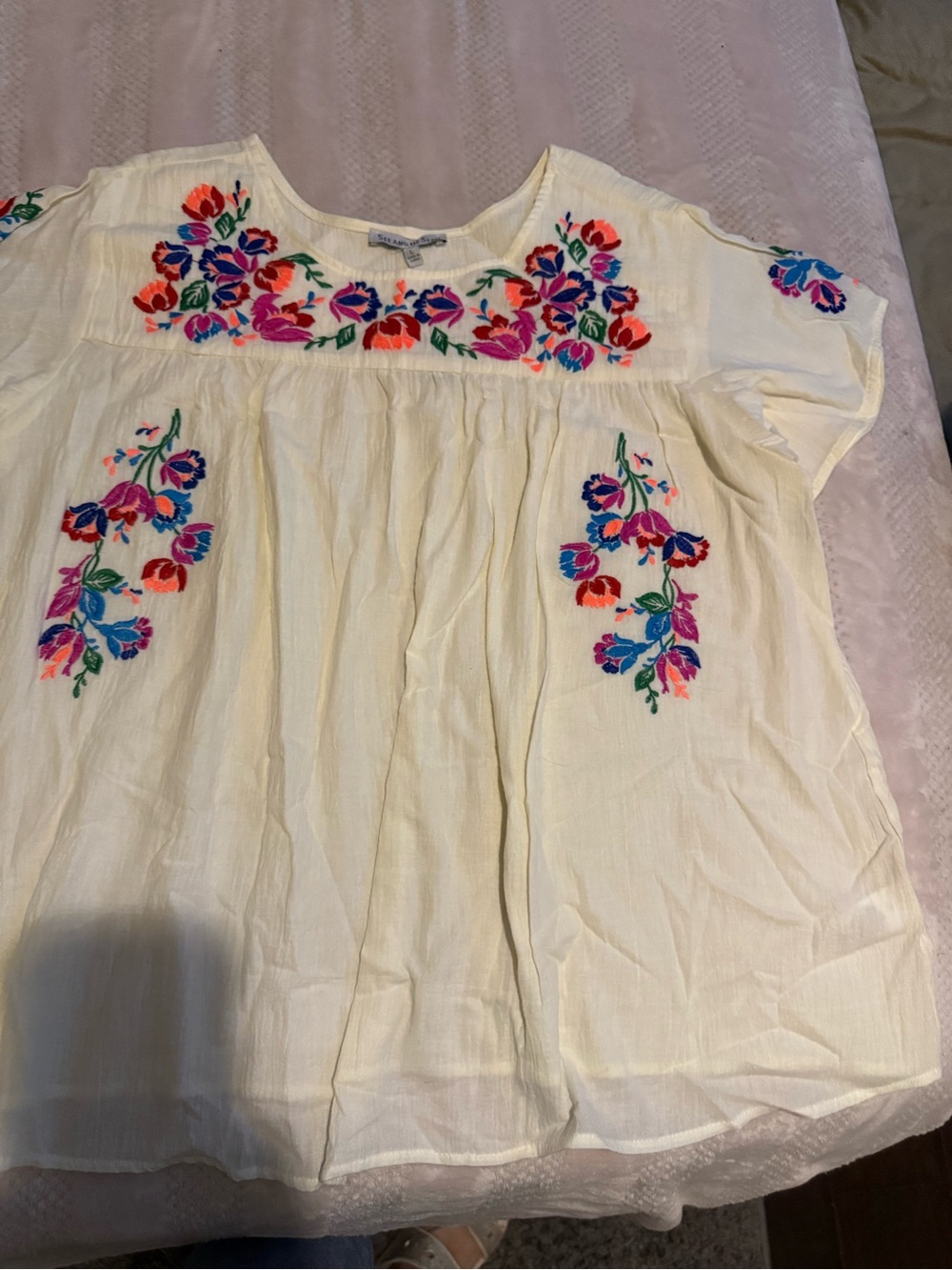 Embroidered Cream Peasant Tunic with Bright Floral Accents